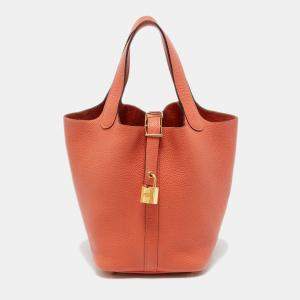 Pre Owned Hermes Apricot Taurillon Clemence Leather Picotin Lock 18 Bag