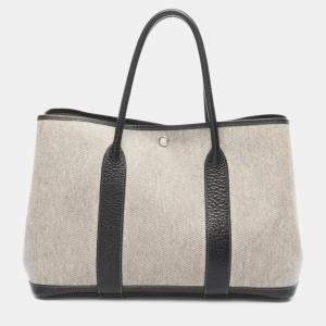 Pre Owned Hermes Garden Party Gray Black Toile H Canvas Leather F Tote PM