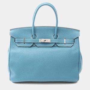 Pre Owned Hermes Birkin 35 Blue Jean Togo Leather Top Handle Bag