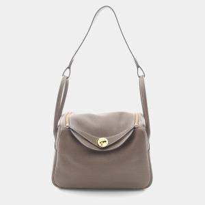 Pre Owned Hermes Lindy 26 Shoulder Bag Clemence Leather Brown Etoupe Grey
