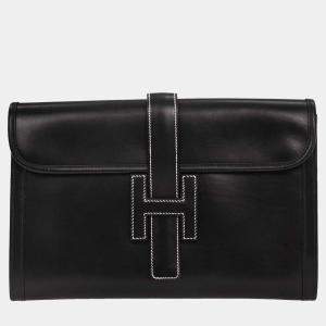 Pre Owned Hermes Black Box Calf Jige PM Clutch Bag