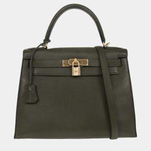 Pre Owned Hermes Green Evergrain Kelly 28 Sellier 2way Handbag