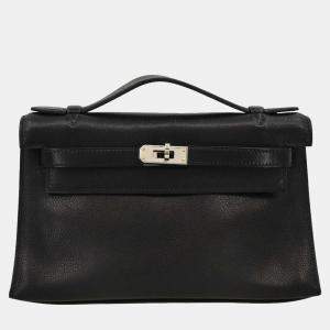 Pre Owned Hermes Black Evergrain Kelly Pochette Handbag