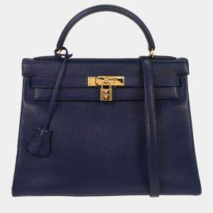 Pre Owned Hermes Kelly 32 Retourne 2way  Blue Indigo Ardennes Handbag