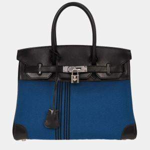 Pre Owned Hermes Blue Black Box Calf Potamus Birkin 30 Handbag