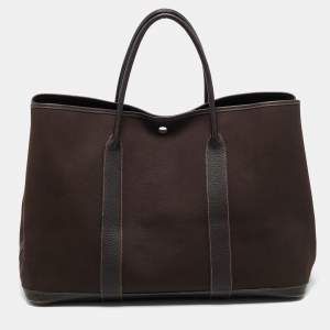Pre Owned Hermes Chocolat Toile and Negonda Leather Garden Party GM Bag