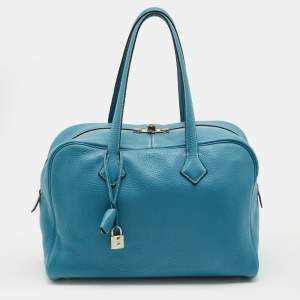 Pre Owned Hermes Bleu Jean Taurillon Clemence Leather Victoria II Fourre Tout 35 Bag