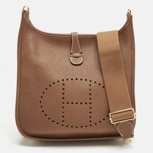 Pre Owned Hermes Gold Taurillon Clemence Leather Evelyne III PM Bag