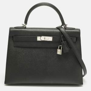 Pre Owned Hermes Noir Epsom Leather Palladium Finish Kelly Sellier 32 Bag