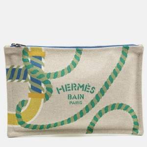Pre Owned Hermes Beige Printed Bain Canvas Case
