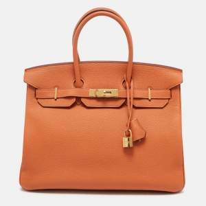 Pre Owned Hermes Orange Togo Leather Gold Finish Birkin 35 Bag