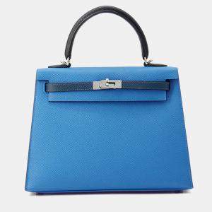 Pre Owned Hermes Kelly Sellier Size 25 Tricolor Blue Zanzibar/Blue De Prusse/Black Epsom Bag