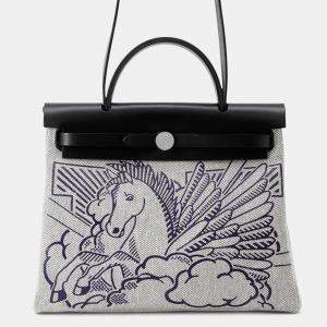 Pre Owned Hermes Herbag Zip Size PM Pegasus Pop Black/Blue Indigo/Ecru Toile H Vache Hunter Leather 