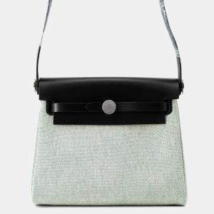 Pre Owned Hermes Herbag Zip  Size Mini Ecru/Black Toile Military Vache Hunter Leather Bag   