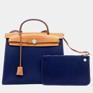 Pre Owned Hermes New Zip Herbag Small Blue Brown Fabric and Leather Bag