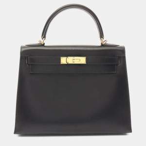 Pre Owned Hermes Kelly 28 Black Box Calf Leather Top Handle Bag