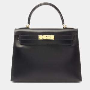 Pre Owned Hermes Kelly 28 Black Box Calf Leather Top Handle Bag