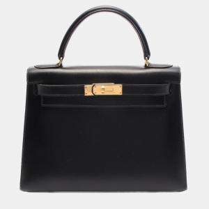 Pre Owned Hermes Kelly 28 Black Box Calf Leather Top Handle Bag