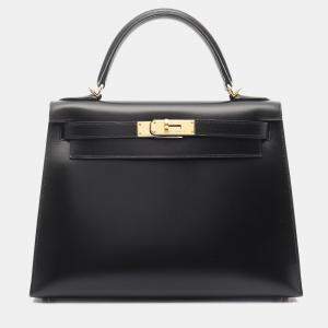 Pre Owned Hermes Kelly 28 Black Box Calf Leather Top Handle Bag