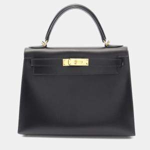 Pre Owned Hermes Kelly 28 Black Box Calf Leather Top Handle Bag