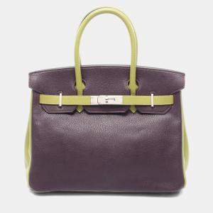 Pre Owned Hermes Birkin 30 Prune/Anis Green Chevre Leather Tote Bag