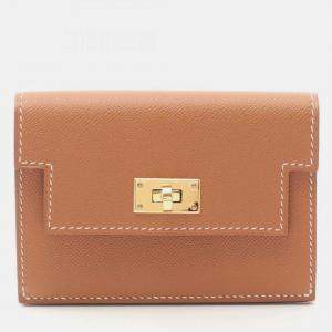 Pre Owned Hermes Kelly Pocket Slim Gold Coin Case Brown  Veau Madame Wallet 