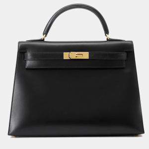 Pre Owned Hermes Kelly Sellier Black Box Calf Leather Handbag 32