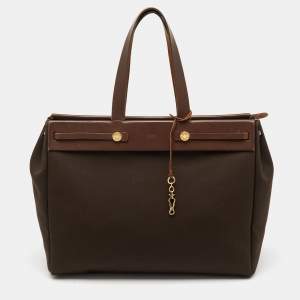 Pre Owned Hermes Chocolate/Terre Toile Canvas and Vache Hunter Herbag Cabas MM Bag