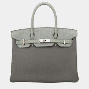 Pre Owned Birkin 30 Touch Gris Meyer Togo and Gris Ciment Matte Niloticus Crocodile in PHW