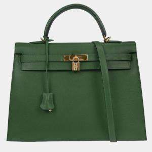 Pre Owned Hermes Green Courchevel Kelly 35 Sellier 2way Handbag