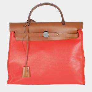 Pre Owned Hermes Herbag Zip 31 PM  Capucine Fauve Toile H Berline Vache Hunter Bag 
