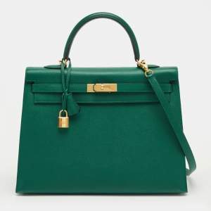 Pre Owned Hermes Malachite Epsom Leather Gold Finish Kelly Sellier 35 Bag