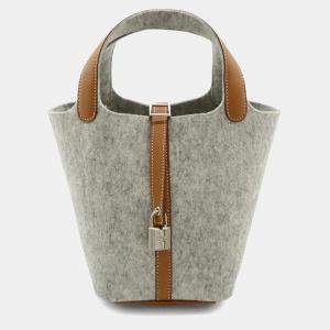 Pre Owned Hermes Picotin Lock Pm Handbag/Tote Bag In Felt  Swift Leather  Gripere Gray  Gold