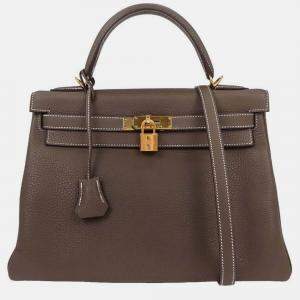 Pre Owned Hermes Etoupe Taurillon Clemence Kelly 32 Retourne 2way Handbag