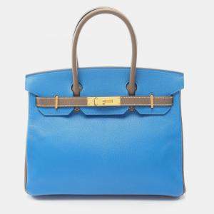 Pre Owned Hermes Birkin 30 Blue Hydra/Etoupe Grey Chevre Leather Tote Bag