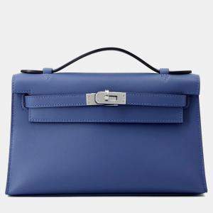 Pre Owned Hermes Pochette kelly Blue Tie Swift Leather