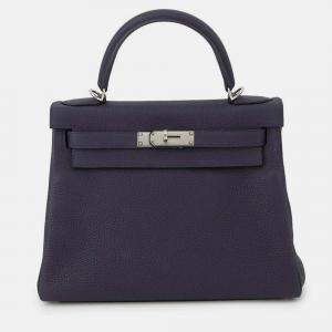 Pre Owned Hermes Kelly Retourne Blue Nuit Togo Leather 28 Handbag