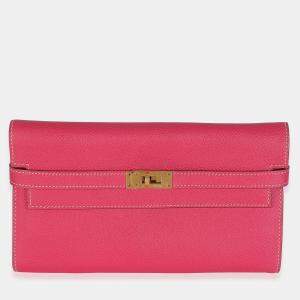 Pre Owned Hermes Kelly Rose Tyrien Epsom Long Wallet GHW
