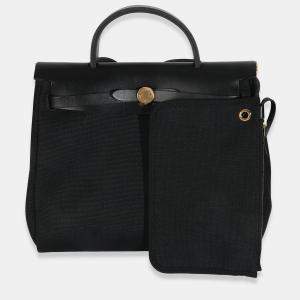 Pre Owned Hermes Herbag Zip 31 Black Military Toile Vache Hunter PM GHW Handbag