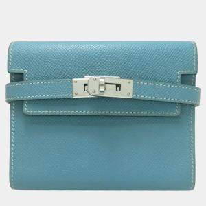 Pre Owned Hermes Kelly Compact Wallet In Blue Jean Bifold By Epson