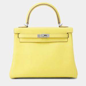 Pre Owned Hermes Kelly Size 25 Retourne Lime Swift Leather Bag