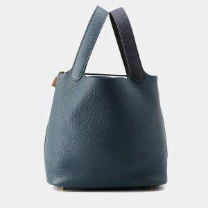 Pre Owned Hermes Picotin Lock 22 Casaque2 Blue Nuit/Vert Cypress/Black Taurillon Clemence Bag 