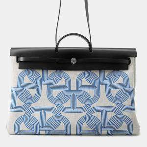 Pre Owned Hermes Herbag Zip Letournet Cabin Ecru/Blue Zellige/Black Toile Military Vache Hunter Leather Size 50