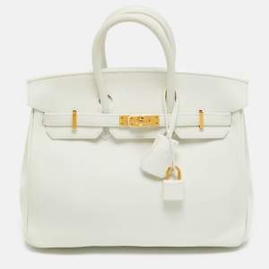 Pre Owned Hermes New White Swift Leather Gold Finish Birkin 25 Bag