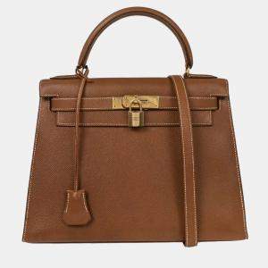 Pre Owned Hermes Gold Courchevel Kelly 28 Sellier 2way Handbag