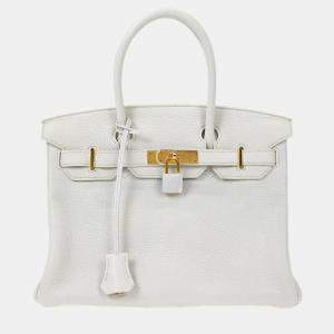 Pre Owned Hermes White Taurillon Clemence Birkin 30 Handbag