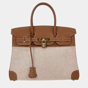Pre Owned Hermes Beige Gold Toile H Courchevel Birkin 30 Handbag