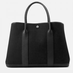 Pre Owned Hermes Garden Party Black Toile Military Negonda Leather PM