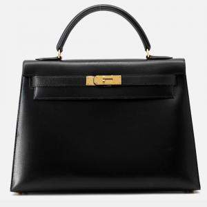 Pre Owned Hermes Kelly Black Box Calf Leather Size 32
