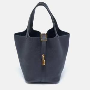 Pre Owned Hermes Bleu Nuit Taurillon Clemence Leather Picotin Lock 18 Bag